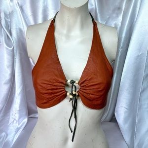 Vintage 1960's Handmade Whiskey Leather Halter Top / Crop Top  - Hippie, Boho